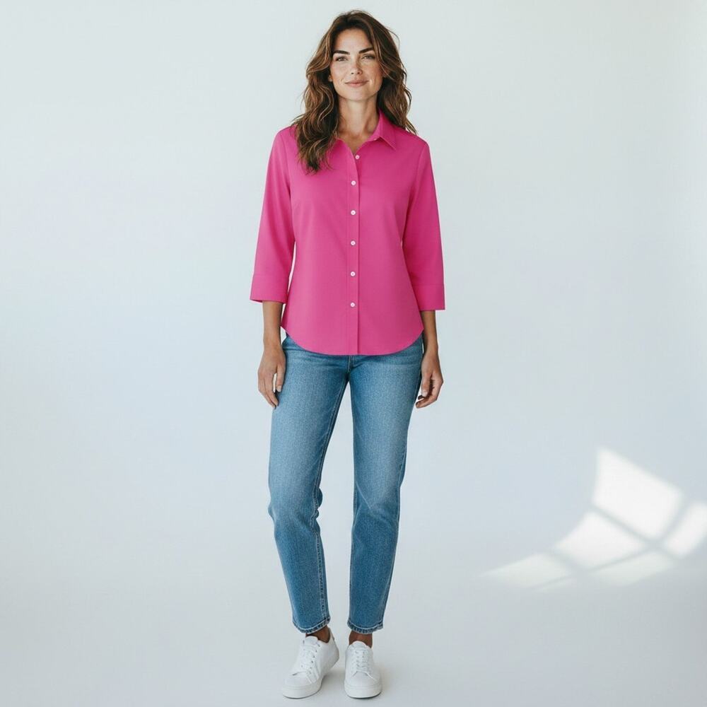 J Crew Hot Pink Button Up Blouse XS Stretch Perfect Fit 3/4 Sleeve Shirt
